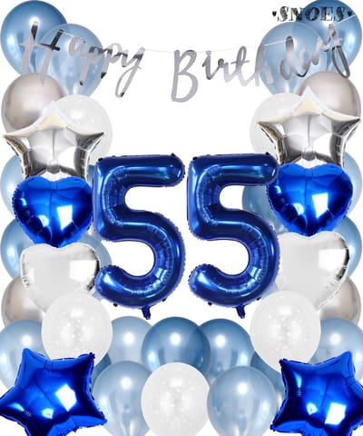 Snoes Ballonnen 55 Jaar Set Mega Blauw Zilver Ballon - Compleet Feestpakket Cijferballon 55 Jaar - Verjaardag Versiering Slinger Happy Birthday – Folieballon – Latex Ballonnen - Helium Ballonnen