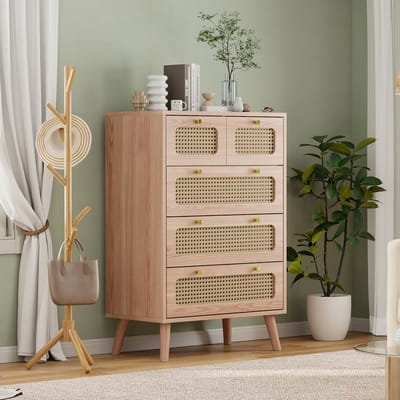 Rotan Ladekast 5 Lades Naturel – Houten Commode met Rotan Front & Gouden Handgrepen – Opbergkast 60x34x91 cm