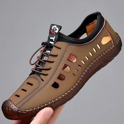Zomer Nieuwe Herensandalen Zacht Leer Ademend Hol Gat Schoenen Rundspees Zachte Zool Leren Sandalen 44
