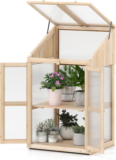 KOMFOTTEU Tuinkas met houten frame, kas met 2 niveaus en te openen dak, 2 verwijderbare planken, afsluitbare dubbele deur met handgrepen, plantenkast voor tuin, balkon