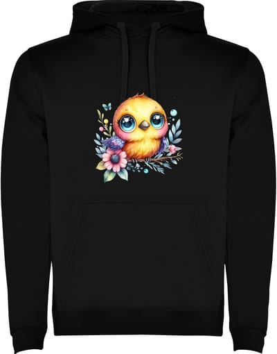 Zwarte Hoodie Kleurrijke Kleine Vogel - Schattig - Geel op tak met Bloemen - Cartoon - Humor Maat M