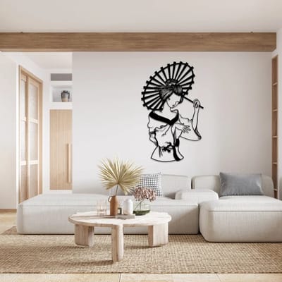 Metalen Wanddecoratie Japans Meisje – 3D Wandkunst – Zwart – 70 x 42 cm