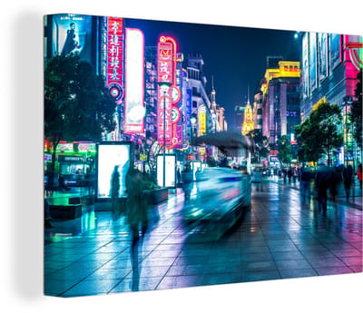Canvas Schilderij Straat - Reclamebord - Licht - Shanghai - 30x20 cm - Wanddecoratie