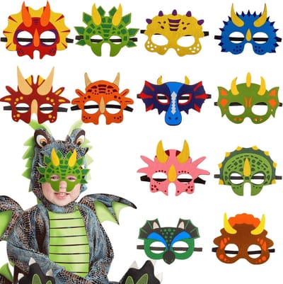 12 Stuks Dinosaurus Maskers van Vilt voor Kinderen, Elastische Cosplay Maskers voor Verjaardagsfeestjes en Feestdecoratie, Geschikt voor Jongens en Meisjes