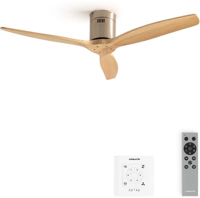 CREATE - Stille plafondventilator 100% hout 40W (Ø132cm) - Geen licht - Controller voor wandmontage + Afstandsbediening - 6 snelheden - Programmeerbaar - WIND CALM NATURAL WOOD