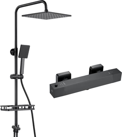 Auralum Max Regendouche - 25.5 cm Douchekop - RVS Doucheset - Inclusief Thermostaatkraan en Plankje - Verstelbare Hoogte 72-110 cm - Regendoucheset - Waterbesparend - Zwart