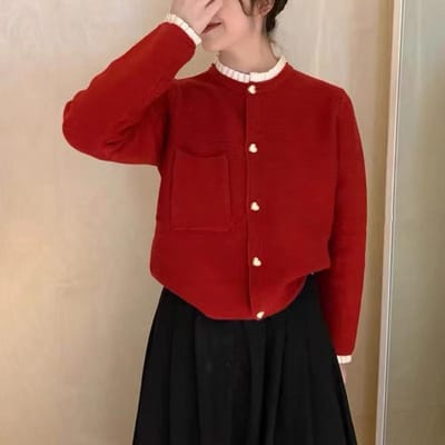 Pull d'automne à bord d'oreille et col rond pour femme, Cardigan long en maille mode femme One Size (80-60 kg) rouge