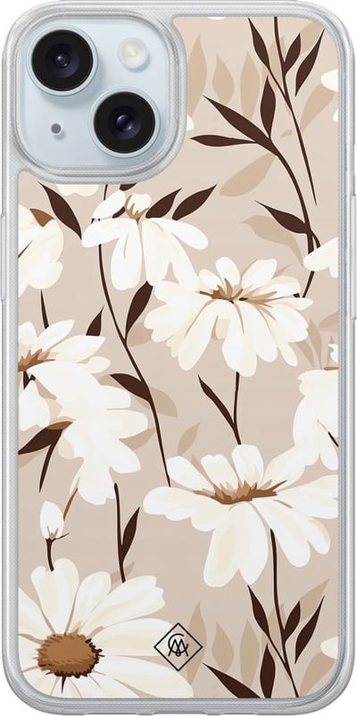 Casimoda® hoesje - Geschikt voor iPhone 13 - In Bloom - 2-in-1 case - Schokbestendig - Bloemen - Verhoogde randen - Bruin/beige, Transparant