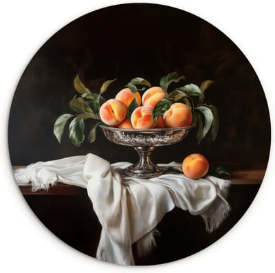 WallCircle® Wandcirkel 30x30 cm - Muurcirkel Stilleven - Perziken - Vintage - Muurdecoratie woonkamer - Wanddecoratie keuken - Kamer decoratie accessoires - Ronde schilderijen