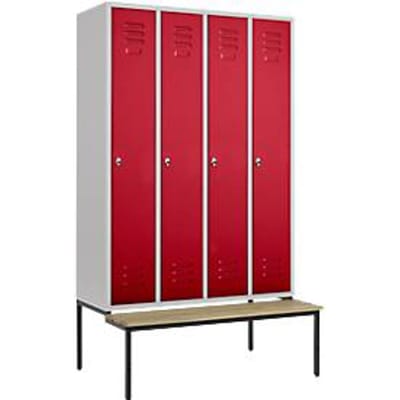 Kledinglocker, 4 compartimenten, 300 mm, draaigrendelslot, zitbank Deur robijnrood
