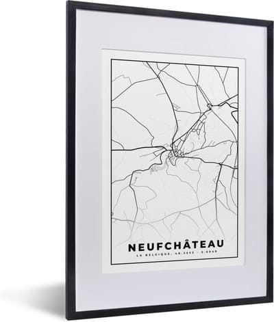 Fotolijst incl. Poster Zwart Wit- Plattegrond – Neufchâteau – Zwart Wit – Stadskaart - Kaart - België - 30x40 cm - Posterlijst
