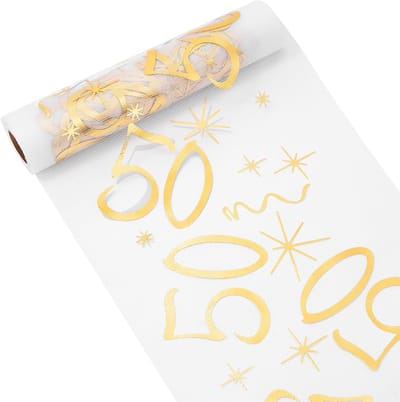 50e Verjaardag Tafelloper 28 cm x 10 m, Knipbare Tafelloper Goud, Verjaardagstafeldecoratie voor Meisjes en Jongens, Verjaardagsfeest, Jubileumviering