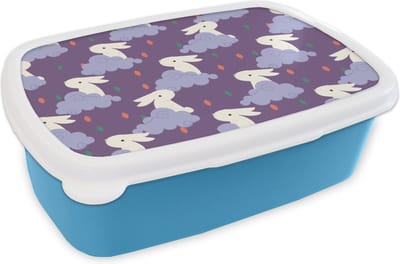 Broodtrommel Blauw - Lunchbox - Brooddoos - Patronen - Konijn - Lucht - Paars - Meisjes - Kinderen - Kids - 18x12x6 cm - Kinderen - Jongen