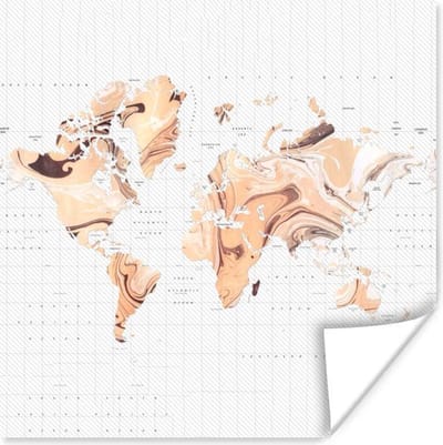 Muurdecoratie - Wereldkaart - Oranje - Bruin - 50x50 cm - Poster