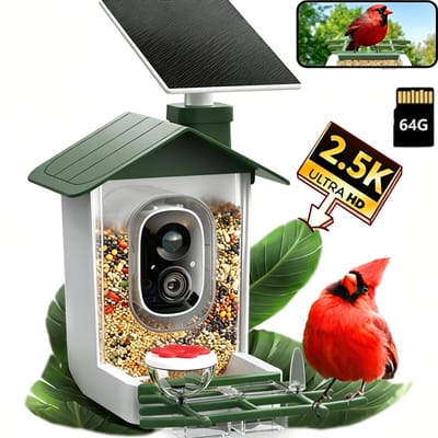 COOAU Vogelvoederhuisje - Vogelhuisje met Camera - 5MP HD Camera - AI vogelherkenning - Live Videostreaming en Meldingen - Met Zonnepanelen - Met 64GB TF-Karte