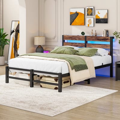 MODFU Industrieel Bedframe met RGB-LED & USB (120x200) - Twijfelaar Metaal / Hout - Gaming Bed - Zwart / Bruin