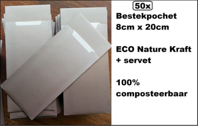 50x ECO Bestekpochet 8x18,5cm Nature Kraft + servet - 100% composteerbaar bestek pochet servetten tissue diner eten festival snack carnaval festival evenement kerst thema feest