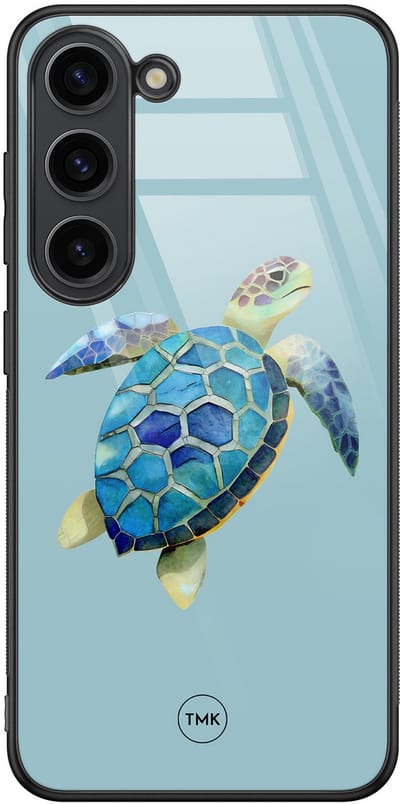 Hoesje geschikt voor Samsung Galaxy S23 - Schildpad - Blauw - TPU luxe case (glossy toplaag) - Print - Hardcase backcover zwart