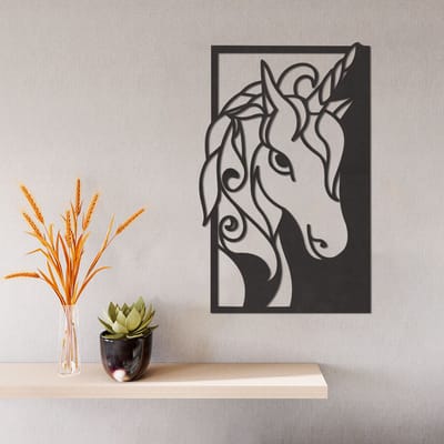 Wanddecoratie - Eenhoorn - Hout - Wall Art - Muurdecoratie - Zwart - 45.5 x 29 cm