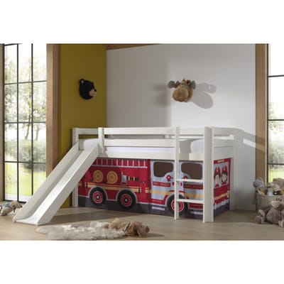 LUCEVI - Pino Halfhoogslaper H115CM + Ladder + Glijbaan + Fire Truck Gordijntjes - Wit - 90x200 cm