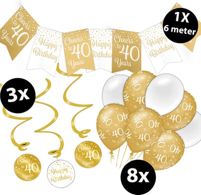 Verjaardag Versiering Pakket 40 jaar Wit en Goud - Ballonnen Goud & Wit (8 stuks) - Vlaggenlijn Goud en Wit 6 meter (1 stuks) - Vlaggenlijn gekleurd 40 jarige - Vlaggetjes Slinger Verjaardag 40 Birthday - Birthday Party Decoratie (40 Jaar)
