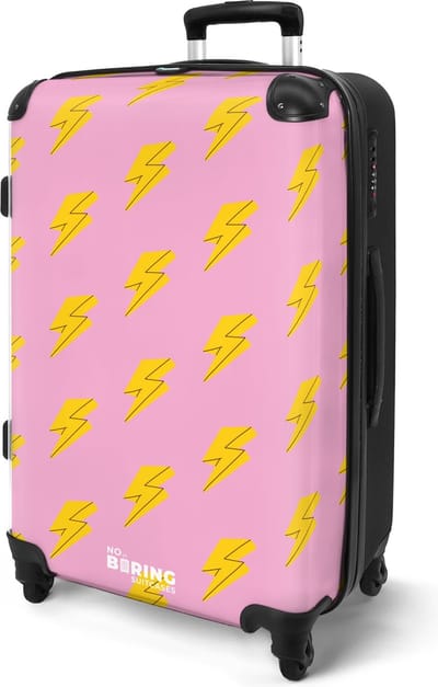 NoBoringSuitcases.com® - Koffer groot - Rolkoffer lichtgewicht - Reiskoffer op 4 wielen - Roze met gele bliksem - Large travel luggage suitcase - Vakantie bagagekoffer - Grote trolley XL - 20 kg bagage