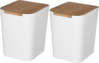 5Five prullenbak/vuilnisbak - 2x stuks - 5 liter - bamboe - wit/lichtbruin - 24 x 19 cm - badkamer