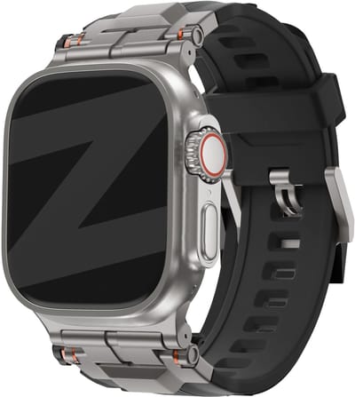 Bandz Liquid silicone band 'Explorer' - Luxe horlogeband geschikt voor Series Apple Watch 1/2/3/4/5/6/8/9/10/11/SE(2-3)/Ultra(2-3) - iWatch bandje voor grote maten 44mm 45mm 46mm 49mm (zwart met titanium connectors)