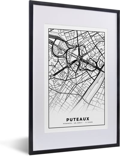 Fotolijst incl. Poster Zwart Wit- Frankrijk - Kaart - Plattegrond - Puteaux - Stadskaart - Zwart wit - 40x60 cm - Posterlijst
