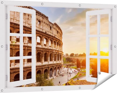 Gards Tuinposter Doorkijk Colosseum bij Zonsondergang in Italïe - 120x80 cm - Tuindoek - Tuindecoratie - Wanddecoratie buiten - Tuinschilderij