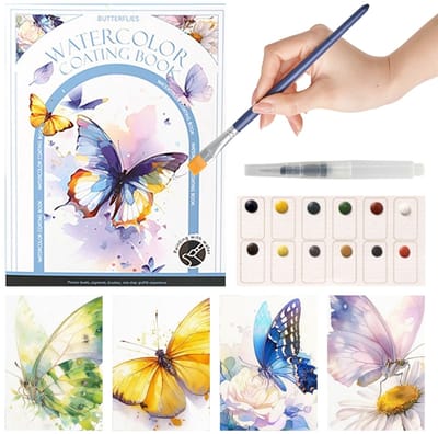 Ainy Aquarel verf set nummer 6 Vlinders voor kinderen en volwassenen | Waterverf Pakket met Aquarelpapier & penseel | Knutselen voor meisjes & jongens | Schilderen op kleurboek | Creatief DIY hobby | Tekenen & kunst schetsboek | Schilderset werkboek