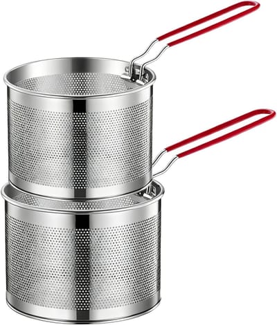 Famanu – Zeefmand en frituurmand set van 2, roestvrij staal, met afneembare steel voor pasta en groenten