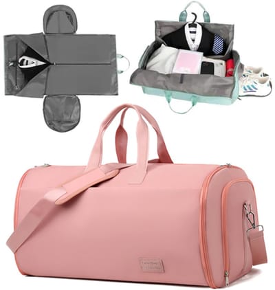 KZQ Reistas, 45L Grote Omvormbare Hangende Kledingzak en Weekender Tas voor Mannen en Vrouwen, 2 in 1 Sporttas met Schoenenvak, Waterdichte Lichtgewicht Handbagage met Trolley Sleeve, roze