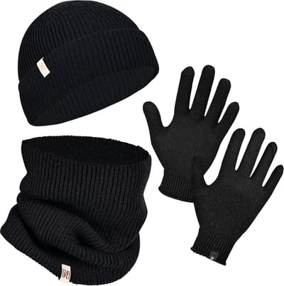 Norfolk Winterset - 70% Merino Wol Muts - Handschoenen en Nekwarmer Set - Premium Gebreide, Warm en Zacht - Cadeauset - S/M - Zwart