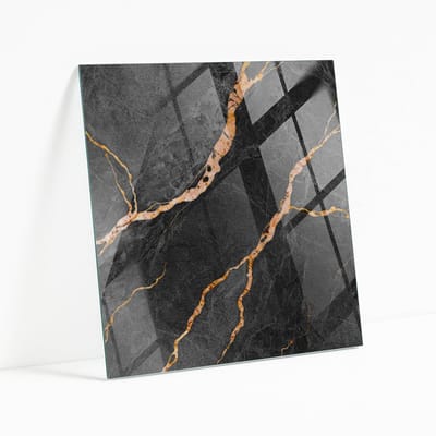Wallfluent - Marmerpatroon Met Aderen Glazen Tafelblad - 60 x 60 cm - Zwart Glazen Plaat - Vierkant Tafelblad Glas - Veiligheidsglas - Glazen Tafelblad Geschikt voor de Keukentafel