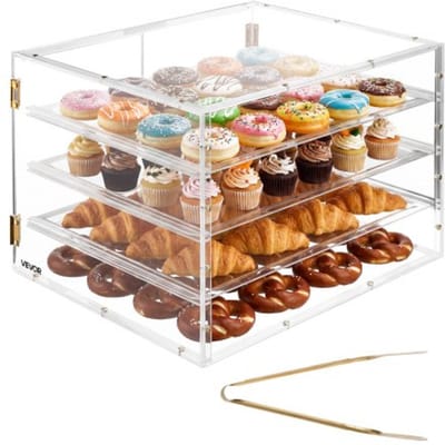 VEVOR 4-laags gebaksvitrine, commerciële bakkerijvitrine van transparant acryl, toonbankvitrine met magnetische achterdeur en verwijderbare tussenschotten voor koekjes, desserts en donuts, 570 x 455 x 405 mm