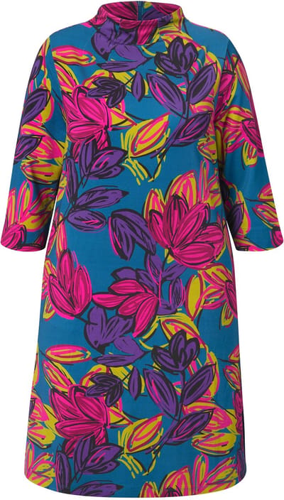 Ulla Popken - Dames - Punto-jurk bloemen opstaande kraag 3/4-mouwen zakken - Petrolblauw - Maat 46+