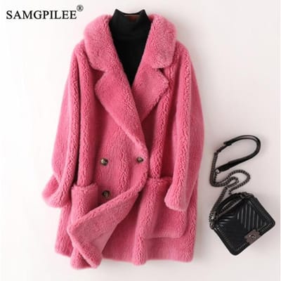 Echte bontjas Hoge kwaliteit Australische dameswollen jassen Dikke warme elegante losse lange bovenkleding winterjas voor dames S roze roze kleur