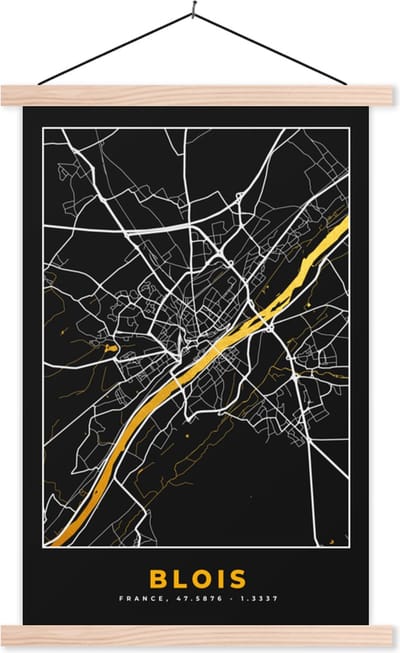 Posterhanger incl. Poster 40x60 cm - Schoolplaat - Stadskaart – Blois - Plattegrond – Kaart – Frankrijk - Textielposter - Blanke latten - Stadskaart