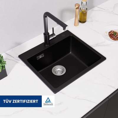 CECIPA max Spoelbak Keuken 50x45cm - Spoelbakken Met Keukenkraan Met Uittrekbare Uitloop Zwart- Enkele spoelbak - Granieten Spoelbakken met afdruip - Antraciet
