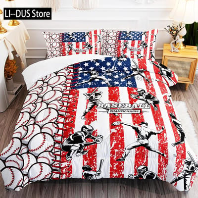 Amerikaanse Vlag Beddengoed Set Honkbal Sport Dekbed Set 3 Delen voor Kinderen Tieners Volwassenen Kamer Decor Dekbedovertrek met 2 Kussenslopen AU Double(180*210cm)3pcs