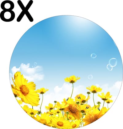 Luxe Ronde Placemat - Gele Bloemen met Blauwe Lucht en Bellen - Set van 8 Placemats - 50x50 cm - 2 mm dik Vinyl - Anti Slip - Afneembaar