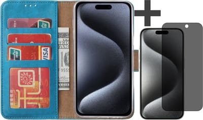 Hoesje met Privacy Screenprotector Geschikt voor iPhone 15 Pro Max – Arara bookcase met pasjeshouder - Blauw