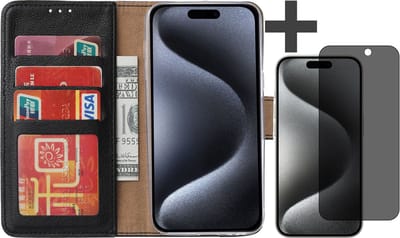 Hoesje met Privacy Screenprotector Geschikt voor iPhone 15 Pro Max – Arara bookcase met pasjeshouder - Zwart