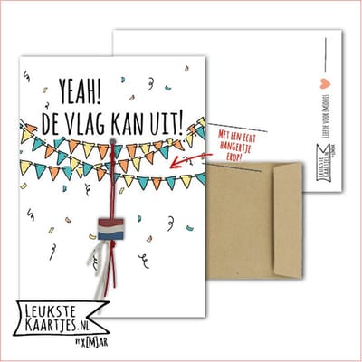 Kaartkadootje -> Vlaggetje - No:10 (Yeah! De vlag kan uit! - Gelukspoppetje houten Nederlandse vlag - Geslaagd-school-certificaat-rijbewijs-eindelijk gelukt-etc - Drie Vlaggenlijnen en confetti, gekleurd) - LeuksteKaartjes.nl by xMar