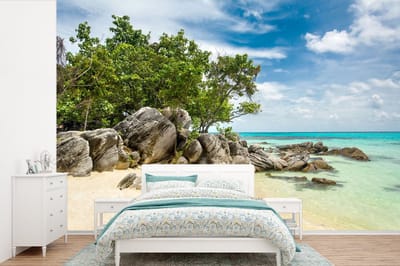 Behang - Fotobehang Strand - Stenen - Zee - Zomer - Breedte 450 cm x hoogte 300 cm