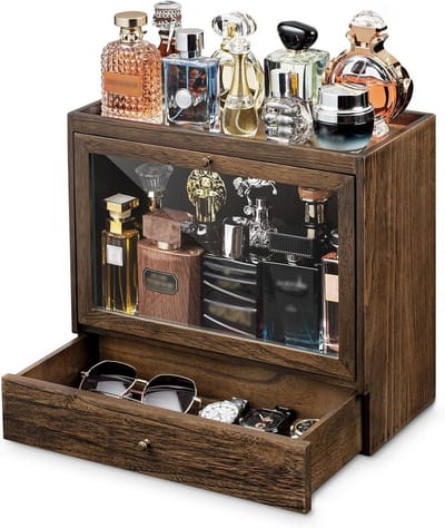 Houten Parfum Organizer voor Mannen, Grote Capaciteit, Stofdichte Opbergruimte met Lade voor Parfums, Sieraden en Cosmetica, Perfect Cadeau voor Verjaardagen en Feestdagen