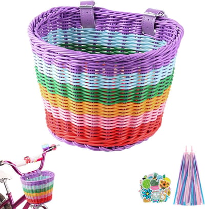 Fietsmandje kinderfiets set-Fietsmandje meisjes-Handgeweven fietsmand voor jongens en meisjes - inclusief bel, stuurhanger en stickers-22x16cm