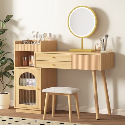 HAUSS SPOLE Kaptafel - Make-up Tafel Met LED Spiegel En 3-Kleurige Verlichting - 3 Lades Met Zijschrank - 120x90x40 cm - Hout - Onbehandeld
