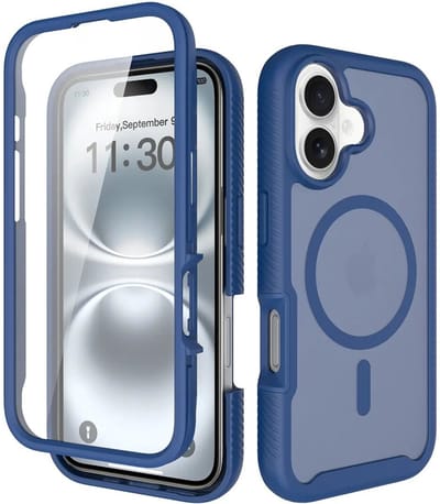 Hoesje met Ingebouwde Screenprotector Geschikt voor Apple iPhone 16 - Compatibel met MagSafe / Qi2 - Full Protect - Schokbestendige Beschermhoes - Case Matte Blauw